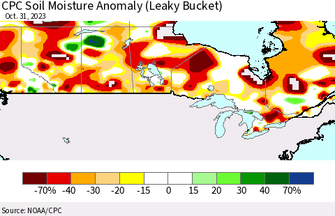 Canada CPC Soil Moisture Anomaly (Leaky Bucket) Thematic Map For 10/26/2023 - 10/31/2023