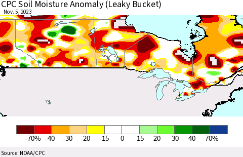 Canada CPC Soil Moisture Anomaly (Leaky Bucket) Thematic Map For 11/1/2023 - 11/5/2023
