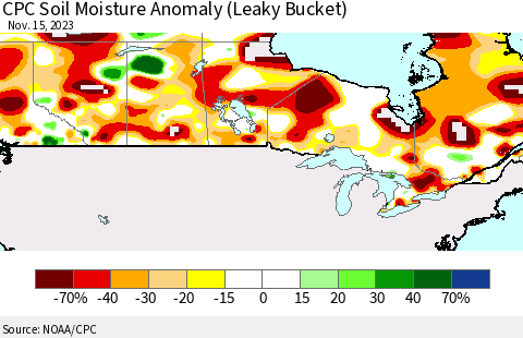 Canada CPC Soil Moisture Anomaly (Leaky Bucket) Thematic Map For 11/11/2023 - 11/15/2023