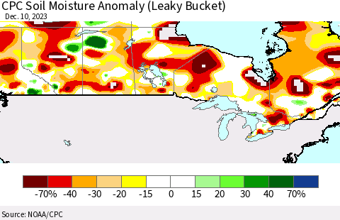 Canada CPC Soil Moisture Anomaly (Leaky Bucket) Thematic Map For 12/6/2023 - 12/10/2023