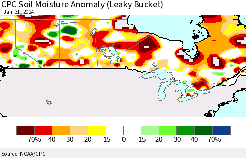 Canada CPC Soil Moisture Anomaly (Leaky Bucket) Thematic Map For 1/26/2024 - 1/31/2024