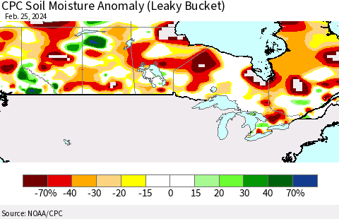 Canada CPC Soil Moisture Anomaly (Leaky Bucket) Thematic Map For 2/21/2024 - 2/25/2024