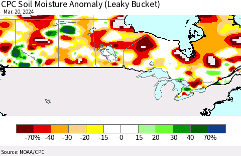 Canada CPC Soil Moisture Anomaly (Leaky Bucket) Thematic Map For 3/16/2024 - 3/20/2024