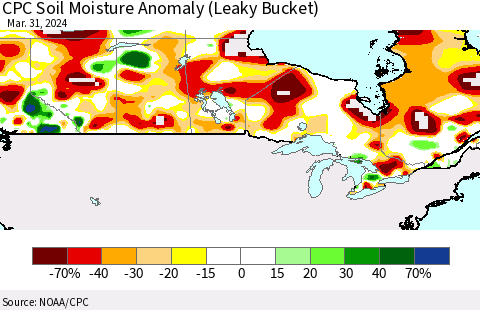 Canada CPC Soil Moisture Anomaly (Leaky Bucket) Thematic Map For 3/26/2024 - 3/31/2024