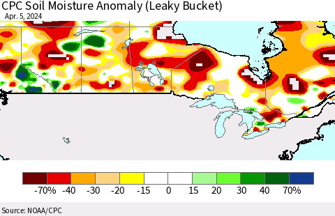 Canada CPC Soil Moisture Anomaly (Leaky Bucket) Thematic Map For 4/1/2024 - 4/5/2024