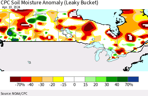Canada CPC Soil Moisture Anomaly (Leaky Bucket) Thematic Map For 4/6/2024 - 4/10/2024