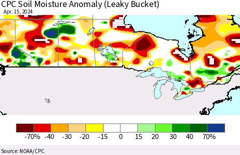 Canada CPC Soil Moisture Anomaly (Leaky Bucket) Thematic Map For 4/11/2024 - 4/15/2024