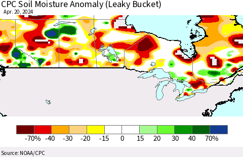 Canada CPC Soil Moisture Anomaly (Leaky Bucket) Thematic Map For 4/16/2024 - 4/20/2024