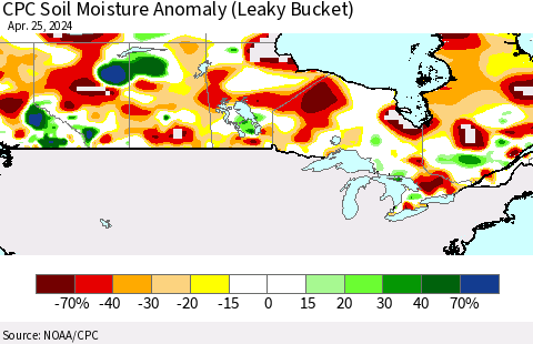 Canada CPC Soil Moisture Anomaly (Leaky Bucket) Thematic Map For 4/21/2024 - 4/25/2024