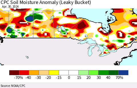 Canada CPC Soil Moisture Anomaly (Leaky Bucket) Thematic Map For 4/26/2024 - 4/30/2024