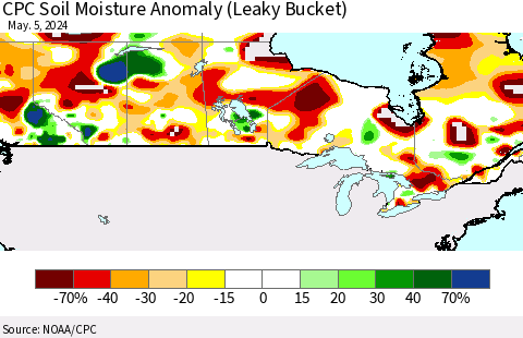 Canada CPC Soil Moisture Anomaly (Leaky Bucket) Thematic Map For 5/1/2024 - 5/5/2024