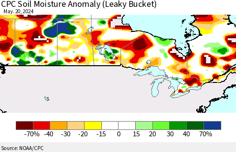 Canada CPC Soil Moisture Anomaly (Leaky Bucket) Thematic Map For 5/16/2024 - 5/20/2024