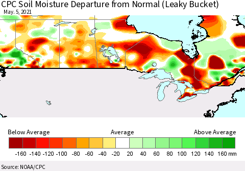 Canada CPC Soil Moisture Departure from Normal (Leaky Bucket) Thematic Map For 5/1/2021 - 5/5/2021