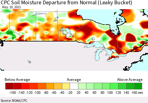 Canada CPC Soil Moisture Departure from Normal (Leaky Bucket) Thematic Map For 5/6/2021 - 5/10/2021