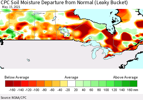 Canada CPC Soil Moisture Departure from Normal (Leaky Bucket) Thematic Map For 5/11/2021 - 5/15/2021