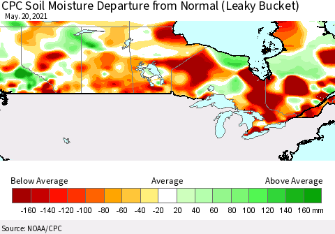 Canada CPC Soil Moisture Departure from Normal (Leaky Bucket) Thematic Map For 5/16/2021 - 5/20/2021