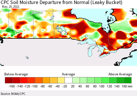 Canada CPC Soil Moisture Departure from Normal (Leaky Bucket) Thematic Map For 5/21/2021 - 5/25/2021