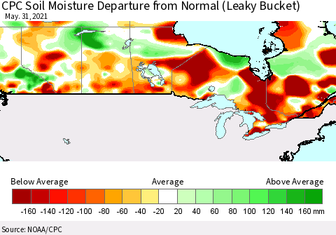 Canada CPC Soil Moisture Departure from Normal (Leaky Bucket) Thematic Map For 5/26/2021 - 5/31/2021
