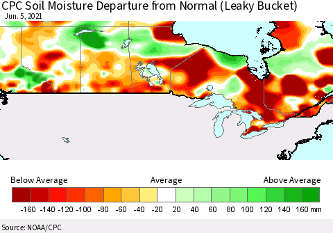 Canada CPC Soil Moisture Departure from Normal (Leaky Bucket) Thematic Map For 6/1/2021 - 6/5/2021