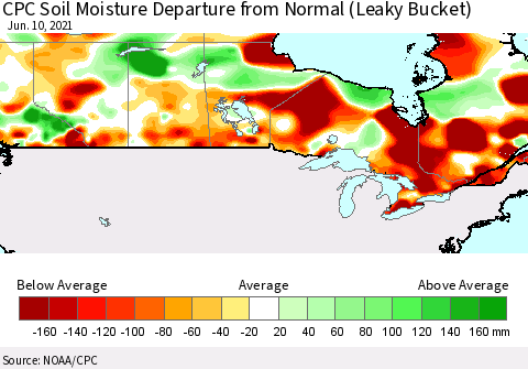 Canada CPC Soil Moisture Departure from Normal (Leaky Bucket) Thematic Map For 6/6/2021 - 6/10/2021