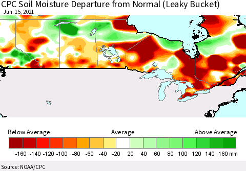 Canada CPC Soil Moisture Departure from Normal (Leaky Bucket) Thematic Map For 6/11/2021 - 6/15/2021
