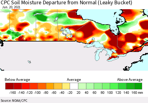Canada CPC Soil Moisture Departure from Normal (Leaky Bucket) Thematic Map For 6/16/2021 - 6/20/2021