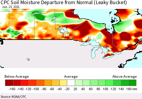 Canada CPC Soil Moisture Departure from Normal (Leaky Bucket) Thematic Map For 6/21/2021 - 6/25/2021