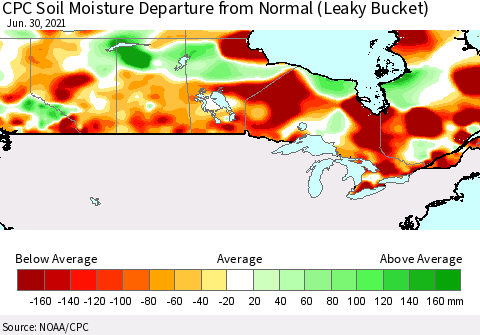 Canada CPC Soil Moisture Departure from Normal (Leaky Bucket) Thematic Map For 6/26/2021 - 6/30/2021