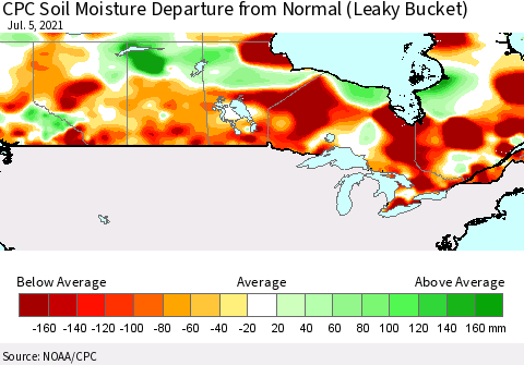 Canada CPC Soil Moisture Departure from Normal (Leaky Bucket) Thematic Map For 7/1/2021 - 7/5/2021
