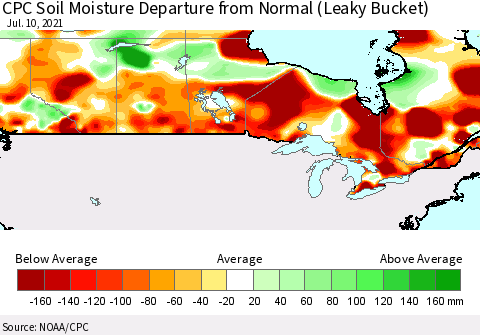 Canada CPC Soil Moisture Departure from Normal (Leaky Bucket) Thematic Map For 7/6/2021 - 7/10/2021