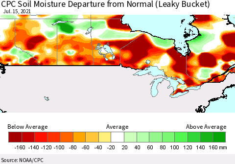 Canada CPC Soil Moisture Departure from Normal (Leaky Bucket) Thematic Map For 7/11/2021 - 7/15/2021