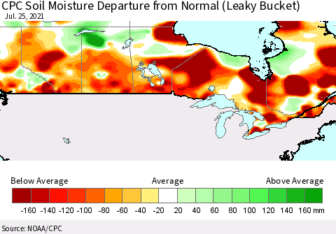 Canada CPC Soil Moisture Departure from Normal (Leaky Bucket) Thematic Map For 7/21/2021 - 7/25/2021