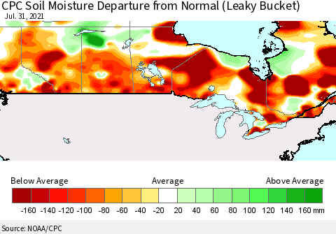 Canada CPC Soil Moisture Departure from Normal (Leaky Bucket) Thematic Map For 7/26/2021 - 7/31/2021