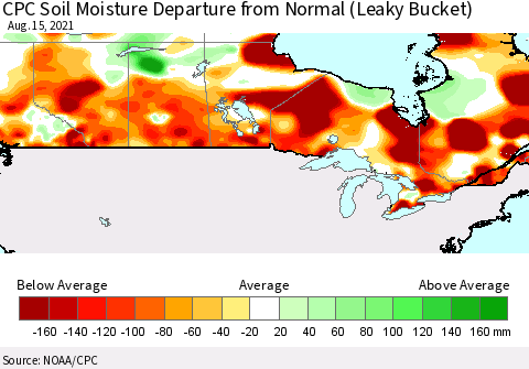 Canada CPC Soil Moisture Departure from Normal (Leaky Bucket) Thematic Map For 8/11/2021 - 8/15/2021
