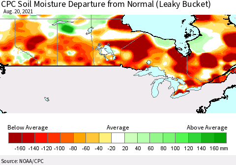 Canada CPC Soil Moisture Departure from Normal (Leaky Bucket) Thematic Map For 8/16/2021 - 8/20/2021