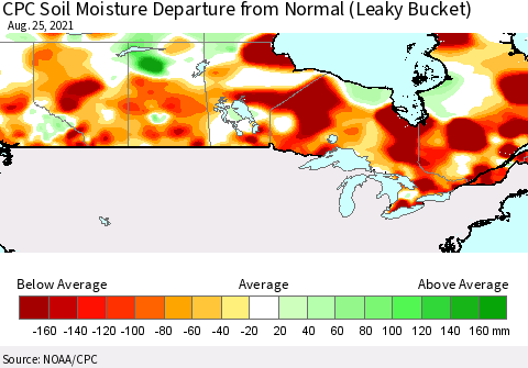 Canada CPC Soil Moisture Departure from Normal (Leaky Bucket) Thematic Map For 8/21/2021 - 8/25/2021