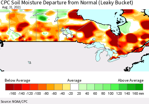 Canada CPC Soil Moisture Departure from Normal (Leaky Bucket) Thematic Map For 8/26/2021 - 8/31/2021