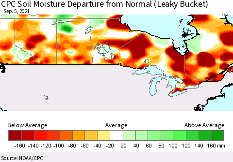 Canada CPC Soil Moisture Departure from Normal (Leaky Bucket) Thematic Map For 9/1/2021 - 9/5/2021