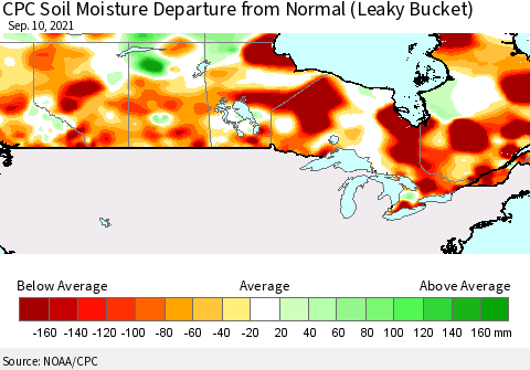 Canada CPC Soil Moisture Departure from Normal (Leaky Bucket) Thematic Map For 9/6/2021 - 9/10/2021