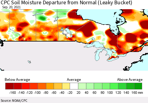 Canada CPC Soil Moisture Departure from Normal (Leaky Bucket) Thematic Map For 9/16/2021 - 9/20/2021