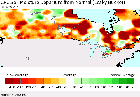 Canada CPC Soil Moisture Departure from Normal (Leaky Bucket) Thematic Map For 9/21/2021 - 9/25/2021