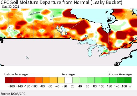 Canada CPC Soil Moisture Departure from Normal (Leaky Bucket) Thematic Map For 9/26/2021 - 9/30/2021
