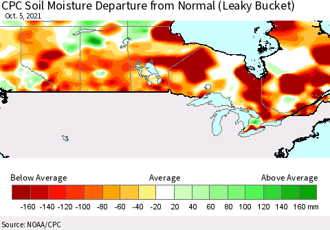 Canada CPC Soil Moisture Departure from Normal (Leaky Bucket) Thematic Map For 10/1/2021 - 10/5/2021