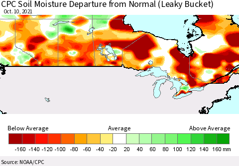 Canada CPC Soil Moisture Departure from Normal (Leaky Bucket) Thematic Map For 10/6/2021 - 10/10/2021