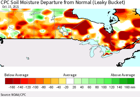 Canada CPC Soil Moisture Departure from Normal (Leaky Bucket) Thematic Map For 10/11/2021 - 10/15/2021