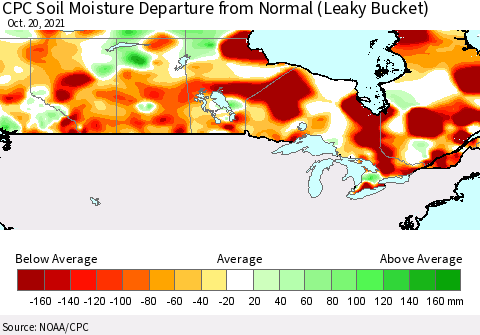 Canada CPC Soil Moisture Departure from Normal (Leaky Bucket) Thematic Map For 10/16/2021 - 10/20/2021
