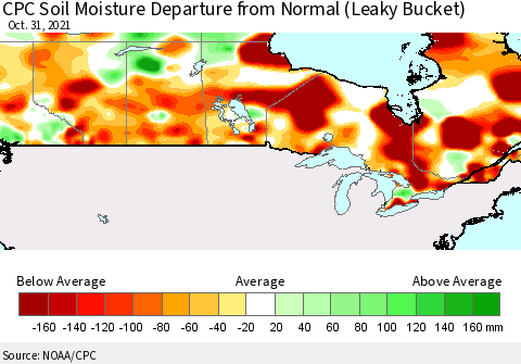 Canada CPC Soil Moisture Departure from Normal (Leaky Bucket) Thematic Map For 10/26/2021 - 10/31/2021