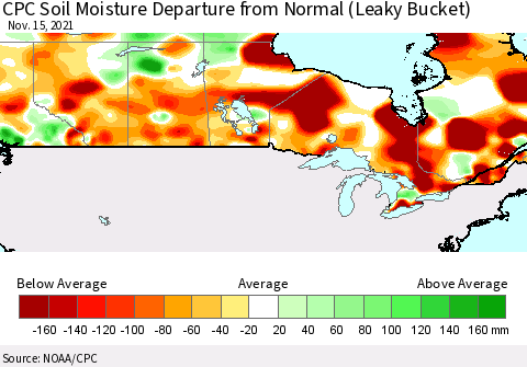 Canada CPC Soil Moisture Departure from Normal (Leaky Bucket) Thematic Map For 11/11/2021 - 11/15/2021