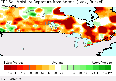 Canada CPC Soil Moisture Departure from Normal (Leaky Bucket) Thematic Map For 11/26/2021 - 11/30/2021