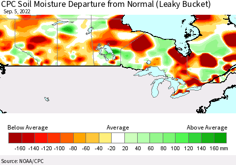 Canada CPC Soil Moisture Departure from Normal (Leaky Bucket) Thematic Map For 9/1/2022 - 9/5/2022